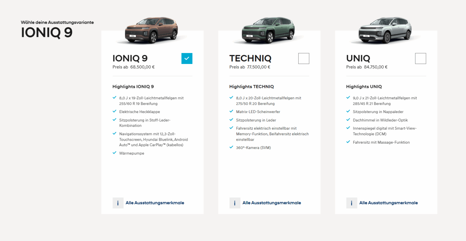Screenshot der Varianten im IONIQ 9-Konfigurator