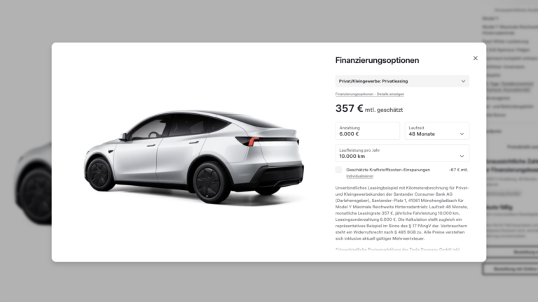Screenshot aus dem Tesla-Konfigurator mit den monatlichen Leasing-Raten für das Model Y RWD Long Range