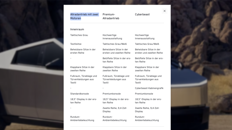Screenshot vom Tesla-US-Konfigurator des Cyberbeast mit Ausstattungsvergleich