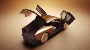 Draufsicht auf das Tesla Cybercab bei geöffneten Türen