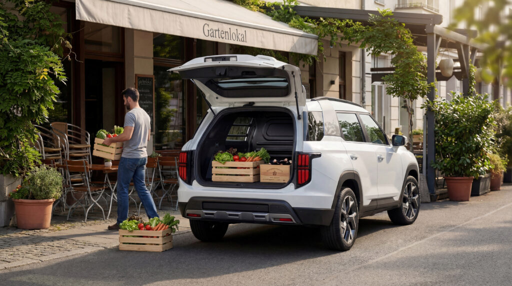 Geöffnete Heckklappe beim KGM Torres EVX Cargo Van