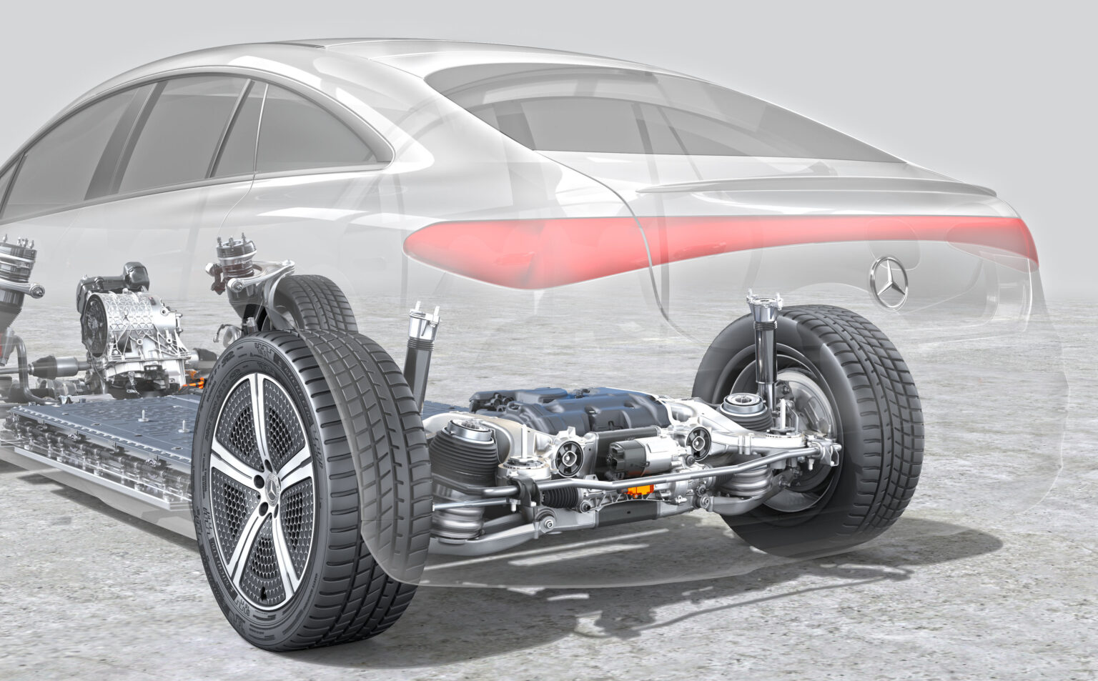 Grafik vom Mercedes EQS Limousine (2026) mit intelligenter Dämpferregelung