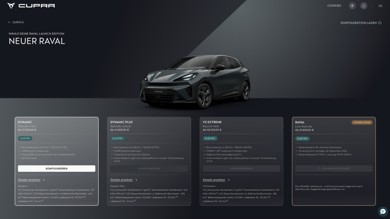 Screenshot aus dem Cupra-Konfigurator mit den Varianten des Cupra Raval