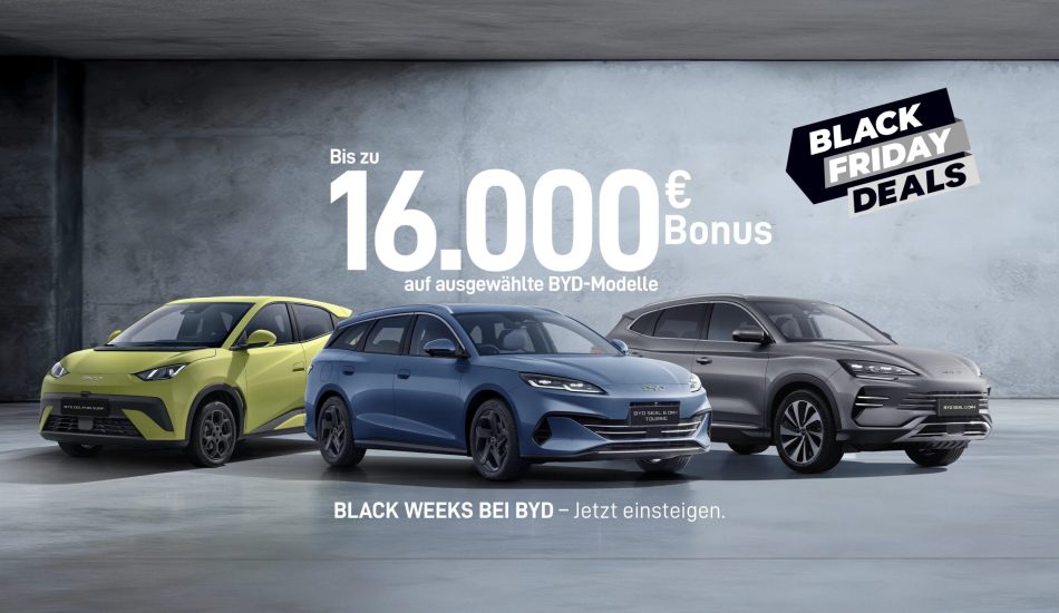 Banner der BYD Black Weeks 2025 mit Ansicht der Modelle Dolphin Surf, Seal 6 Touring und Seal