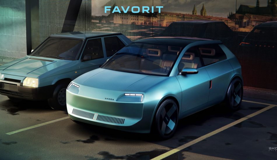 Der elektrische Skoda Favorit neben dem alten Fahrzeug
