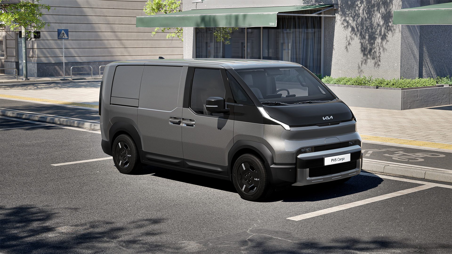 Der Kia PV5 Cargo in der Farbe Stahlgrau Metallic